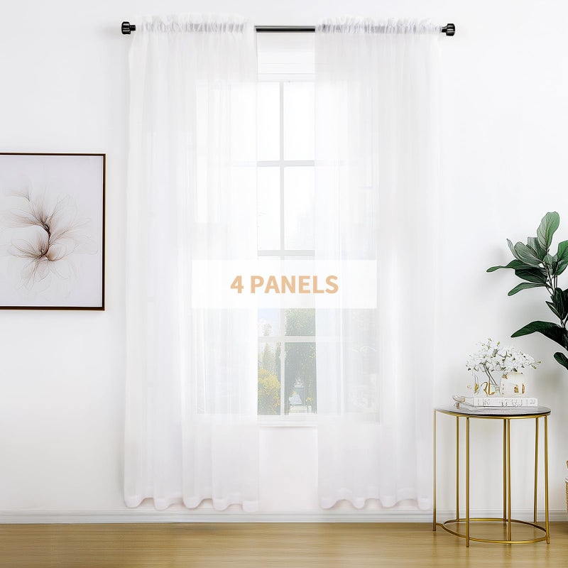 Anjee 4 Panels White Sheer Curtains 45 Inches Long for Kitchen Bathroom Bedroom Living Room Small Window Treatment,Short Rod Pocket Semi Voile Sheer Drapes,Light Filtering Gauze 52 x 45 Inch - Image 1